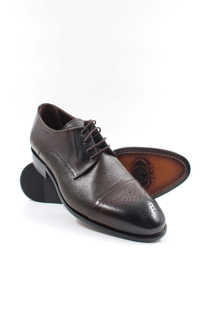 Men's Brown Leather Oxford Shoes with Textured Finish and Brogue Detailing - Wessi