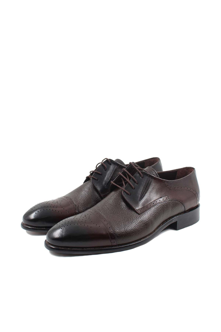 Men's Brown Leather Oxford Shoes with Textured Finish and Brogue Detailing - Wessi