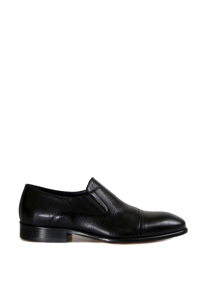 Men's Black Leather Slip-On Dress Shoes with Cap Toe - Wessi