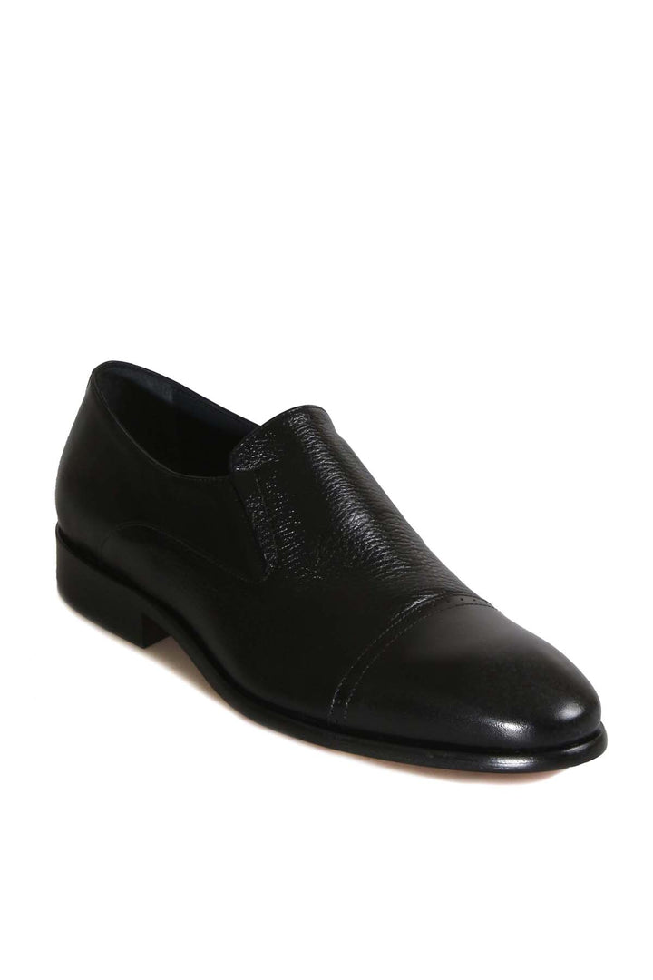 Men's Black Leather Slip-On Dress Shoes with Cap Toe - Wessi