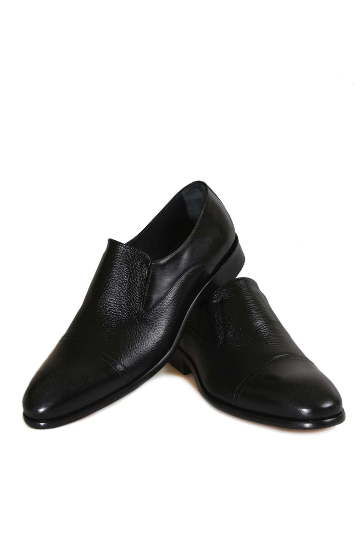 Men's Black Leather Slip-On Dress Shoes with Cap Toe - Wessi