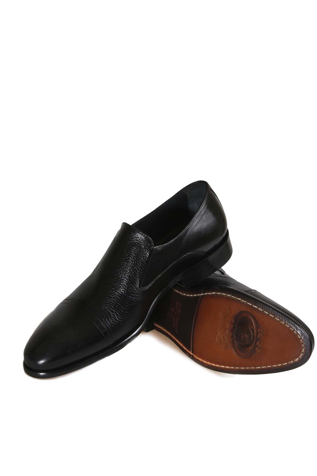 Men's Black Leather Slip-On Dress Shoes with Cap Toe - Wessi