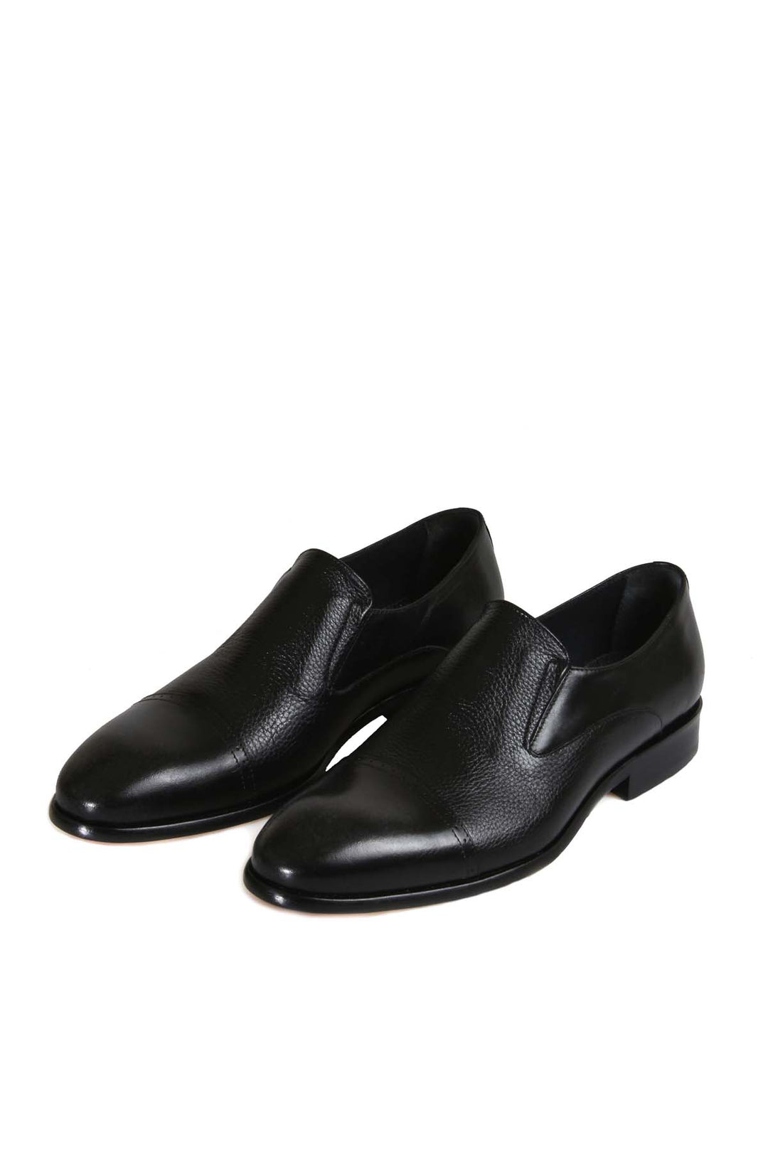 Men's Black Leather Slip-On Dress Shoes with Cap Toe - Wessi