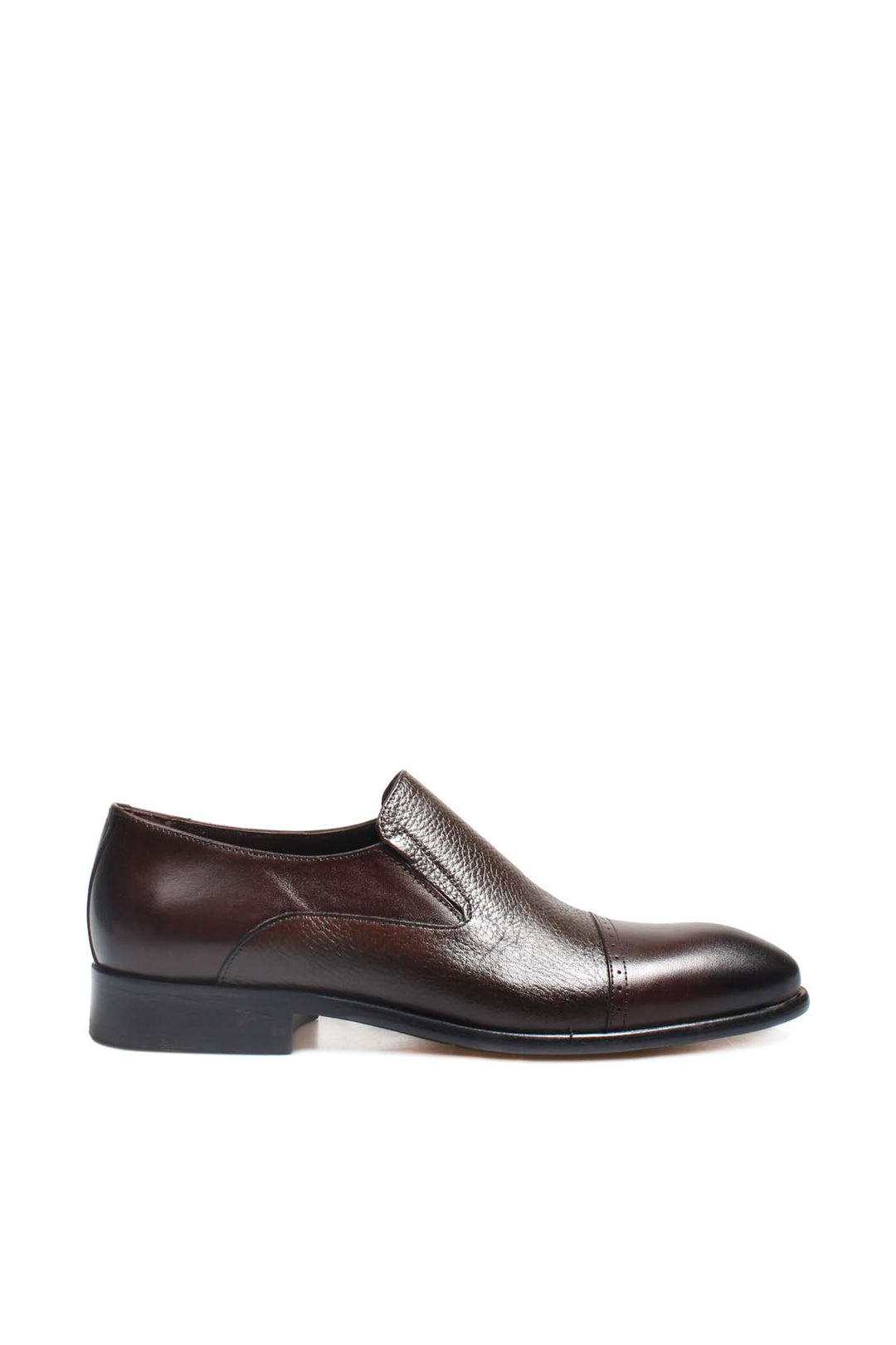 Men's Brown Leather Slip-On Loafers with Peaked Cap Toe and Textured Finish - Wessi