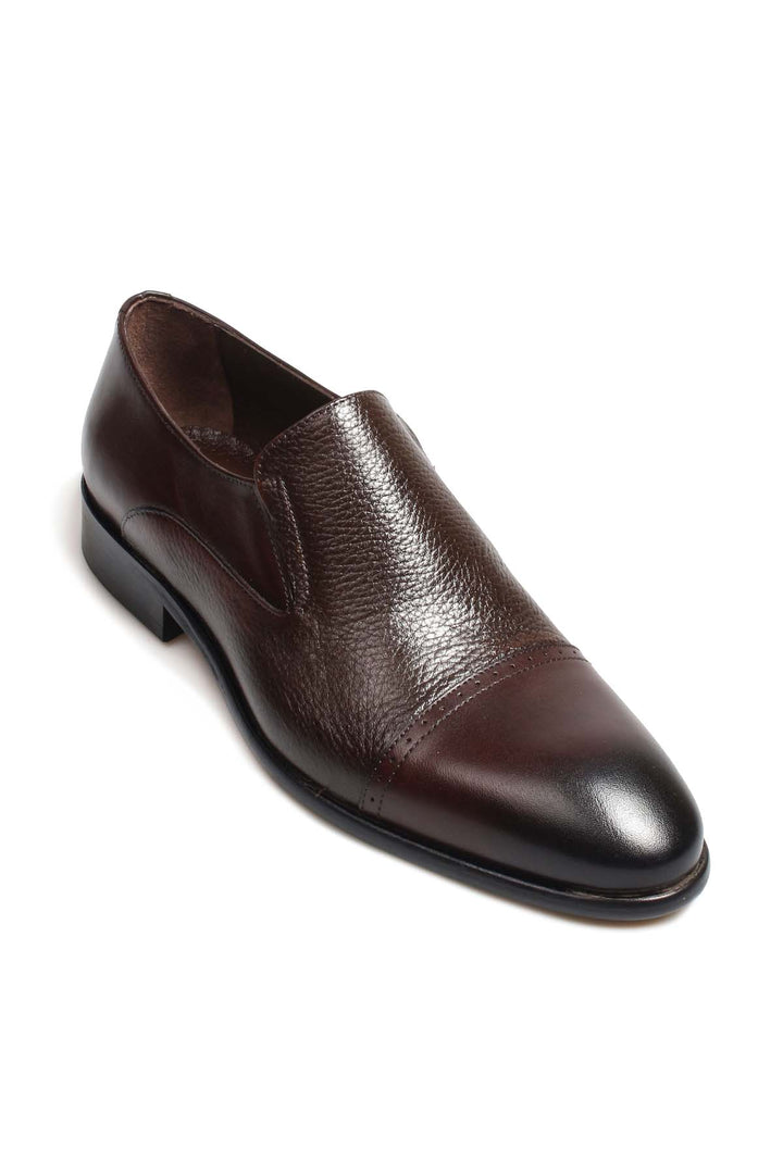 Men's Brown Leather Slip-On Loafers with Peaked Cap Toe and Textured Finish - Wessi