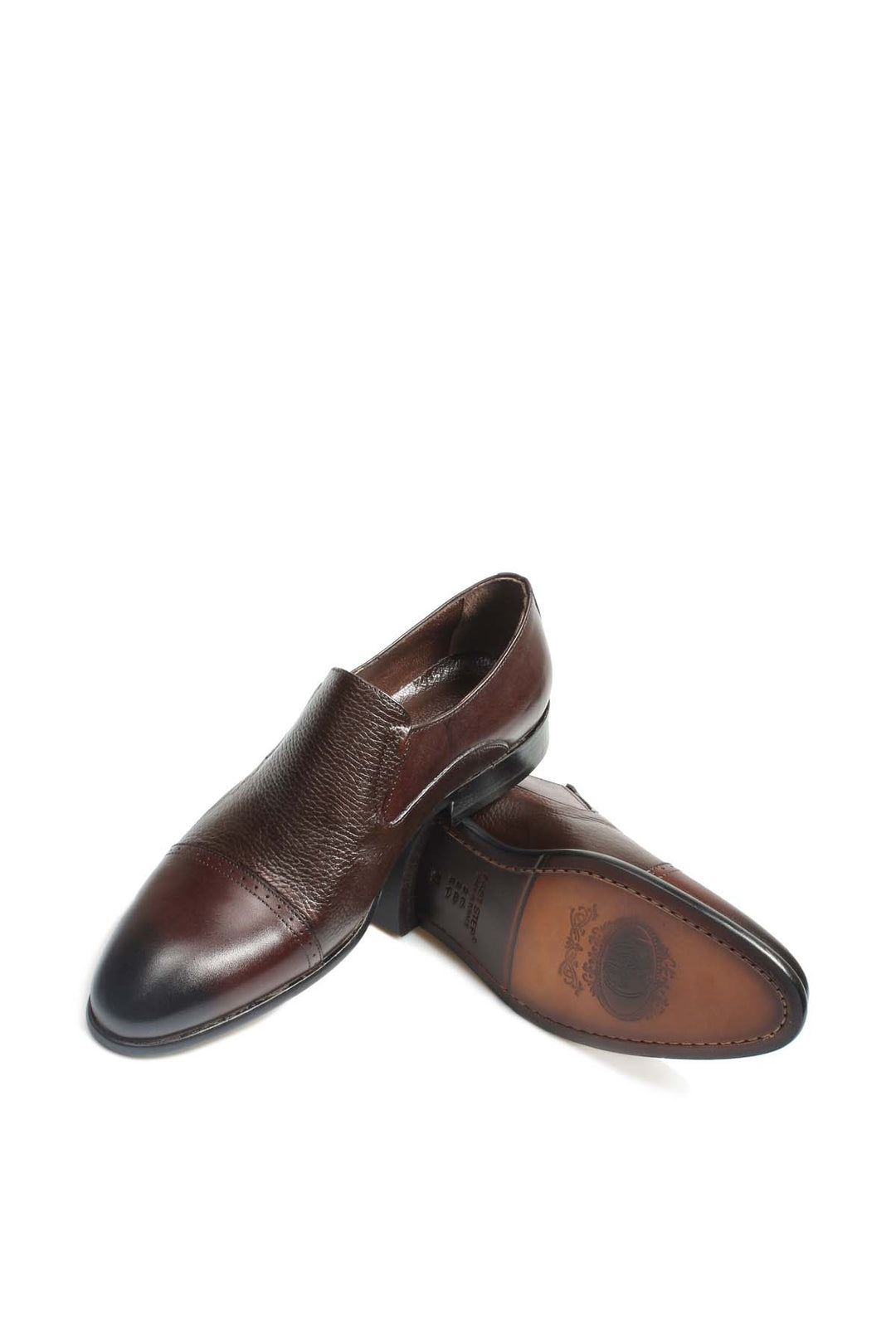 Men's Brown Leather Slip-On Loafers with Peaked Cap Toe and Textured Finish - Wessi