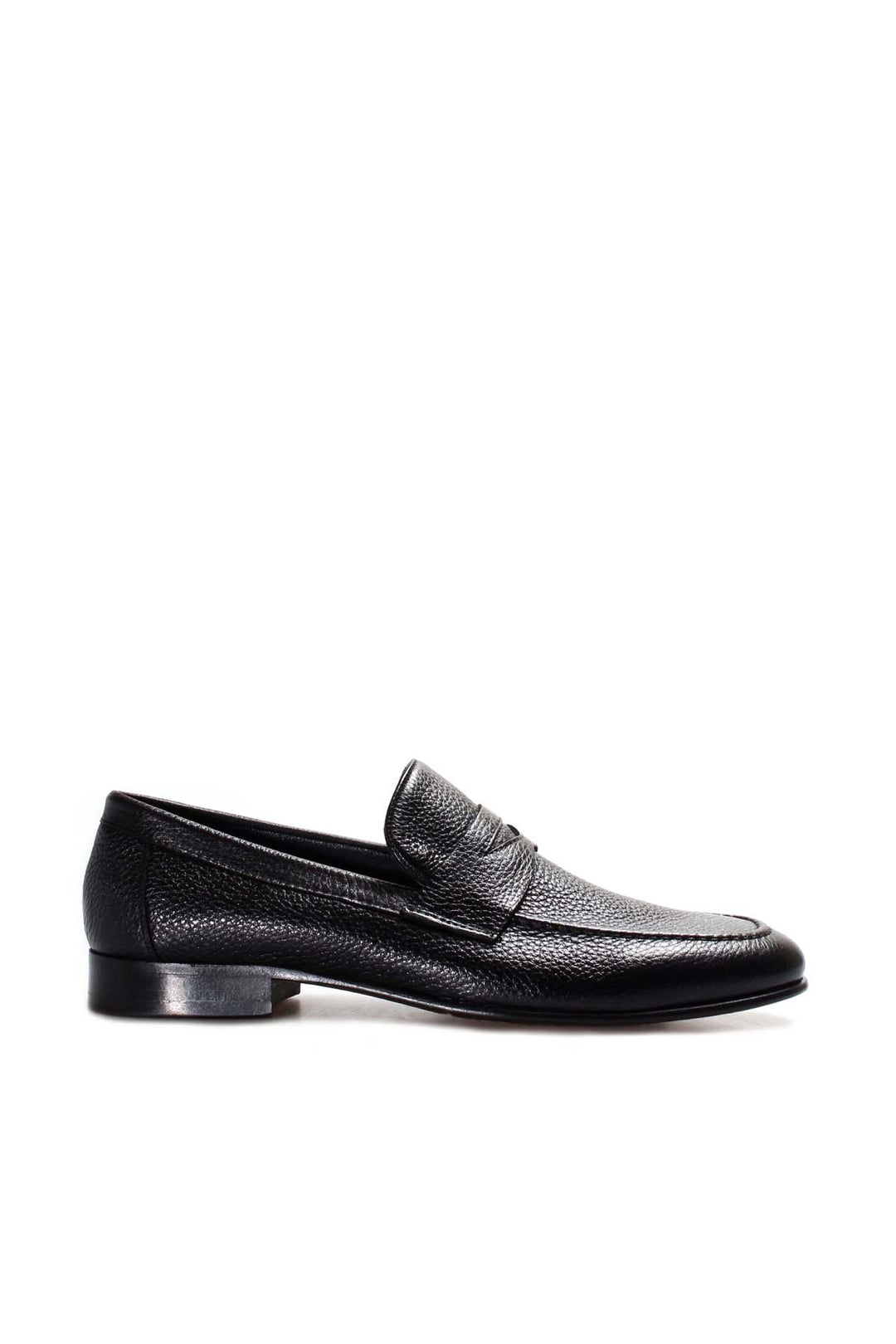 Men's Black Textured Leather Penny Loafers with Moc Toe - Wessi