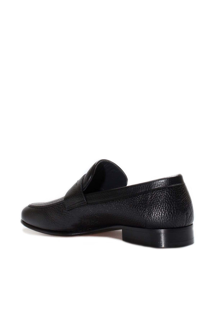 Men's Black Textured Leather Penny Loafers with Moc Toe - Wessi