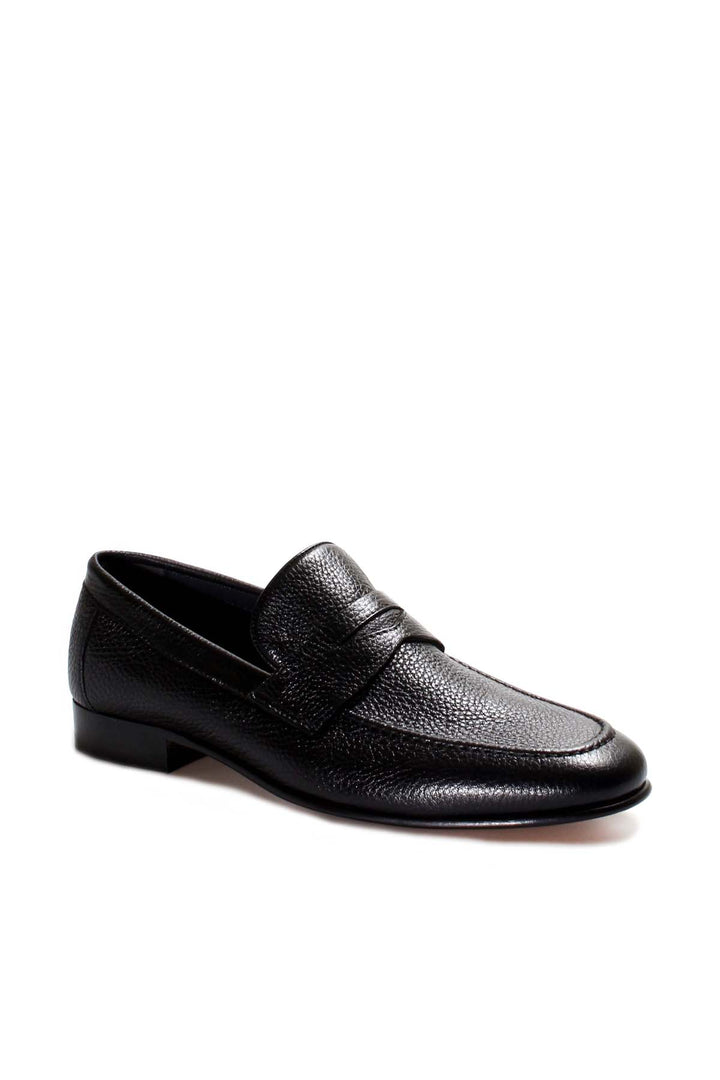 Men's Black Textured Leather Penny Loafers with Moc Toe - Wessi