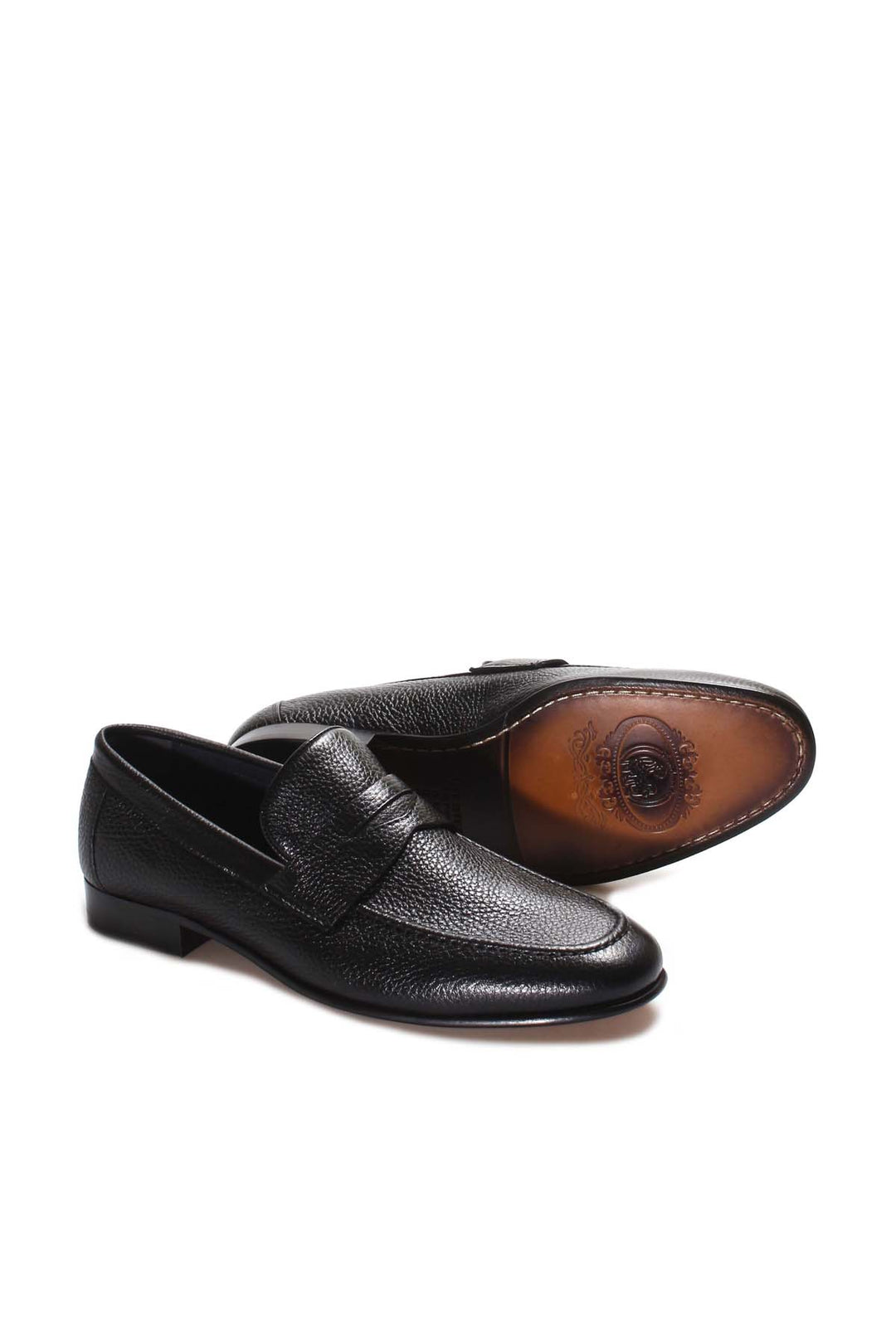 Men's Black Textured Leather Penny Loafers with Moc Toe - Wessi