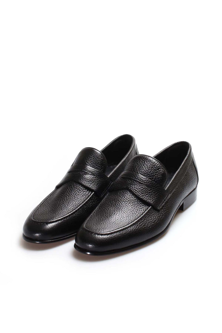 Men's Black Textured Leather Penny Loafers with Moc Toe - Wessi