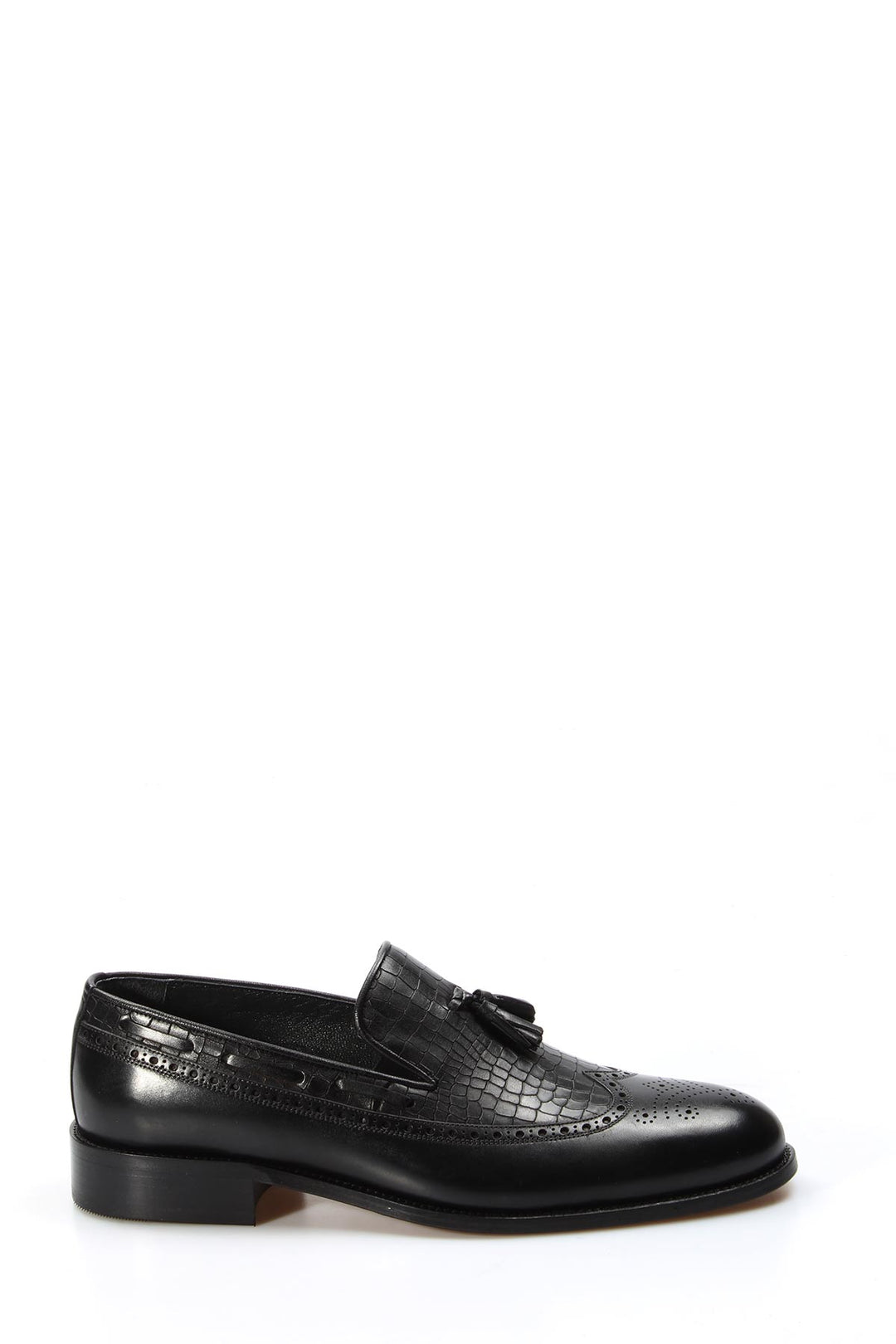 Men's Black Crocodile Embossed Leather Loafers with Tassel Detail and Brogue Accents - Wessi