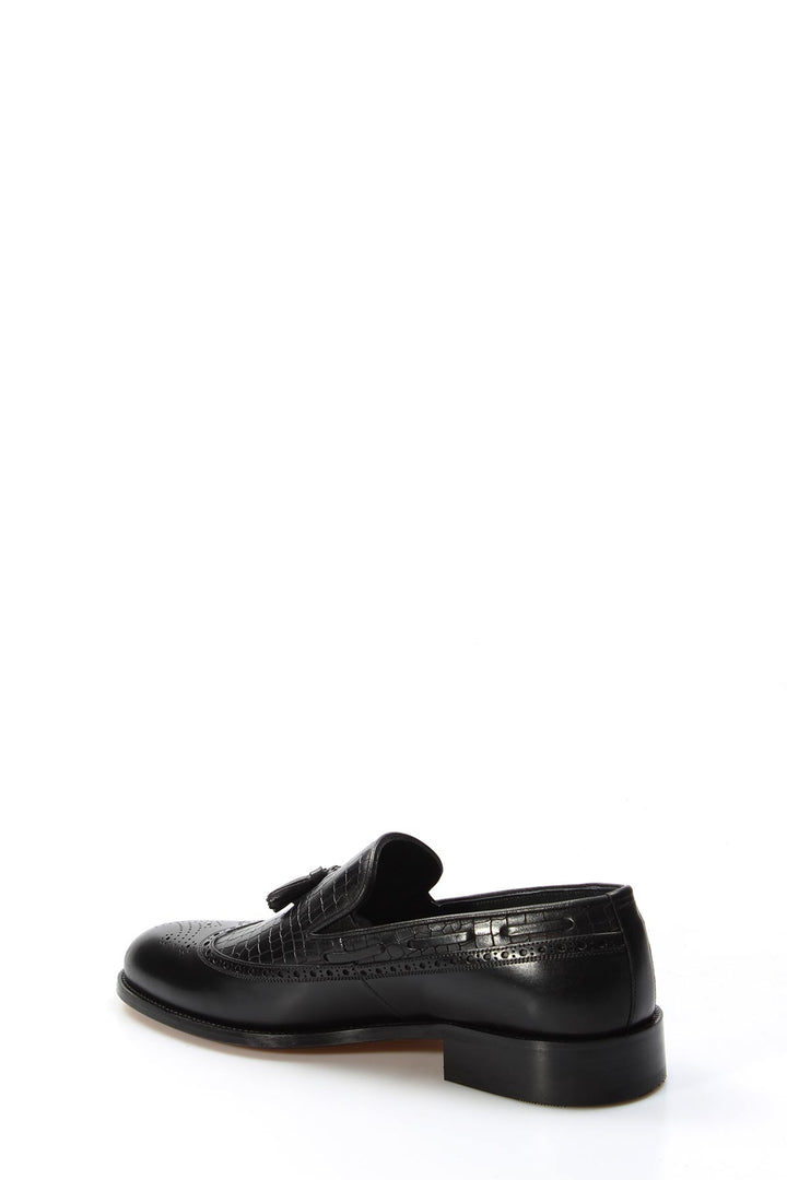 Men's Black Crocodile Embossed Leather Loafers with Tassel Detail and Brogue Accents - Wessi