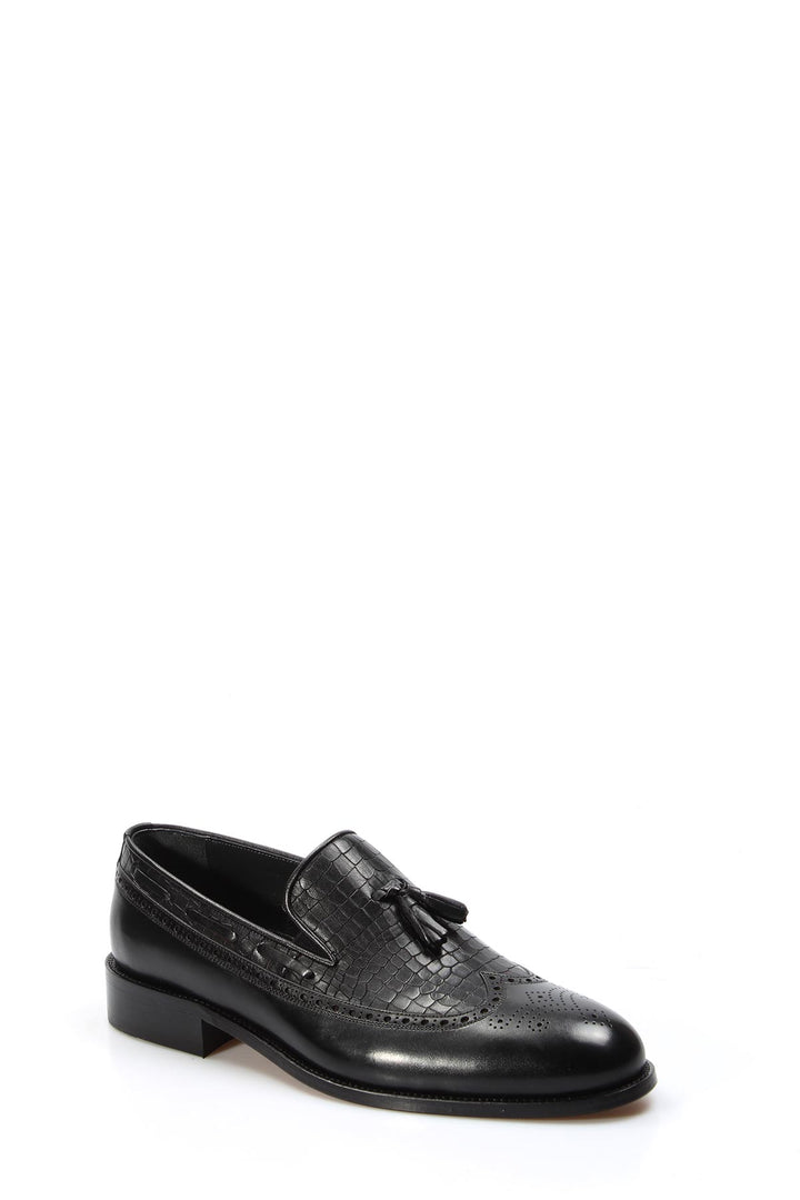 Men's Black Crocodile Embossed Leather Loafers with Tassel Detail and Brogue Accents - Wessi