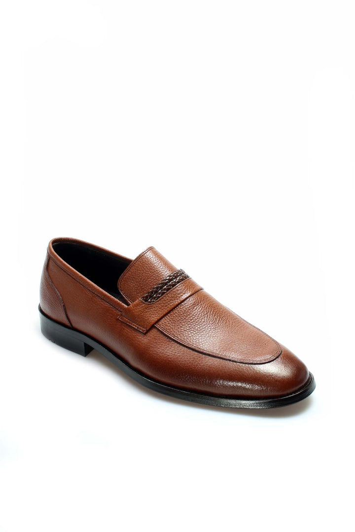 Brown Textured Leather Loafers-Wessi