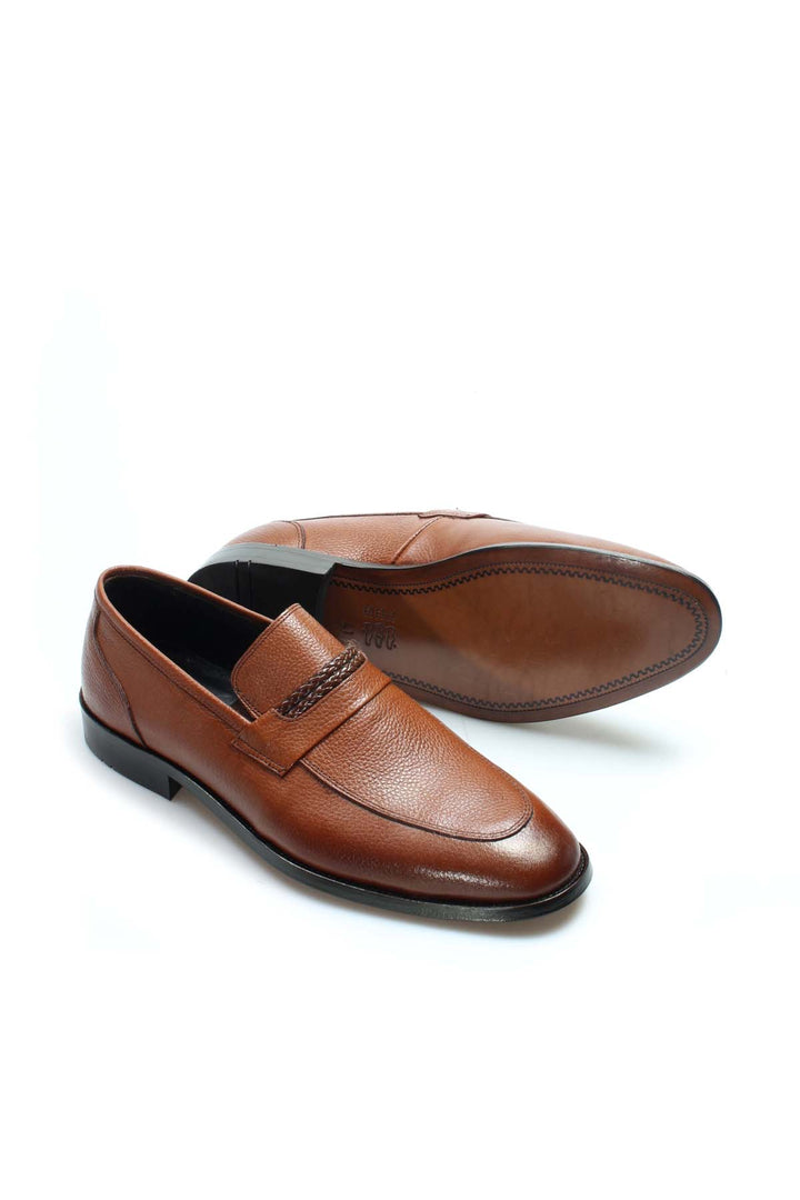 Brown Textured Leather Loafers-Wessi