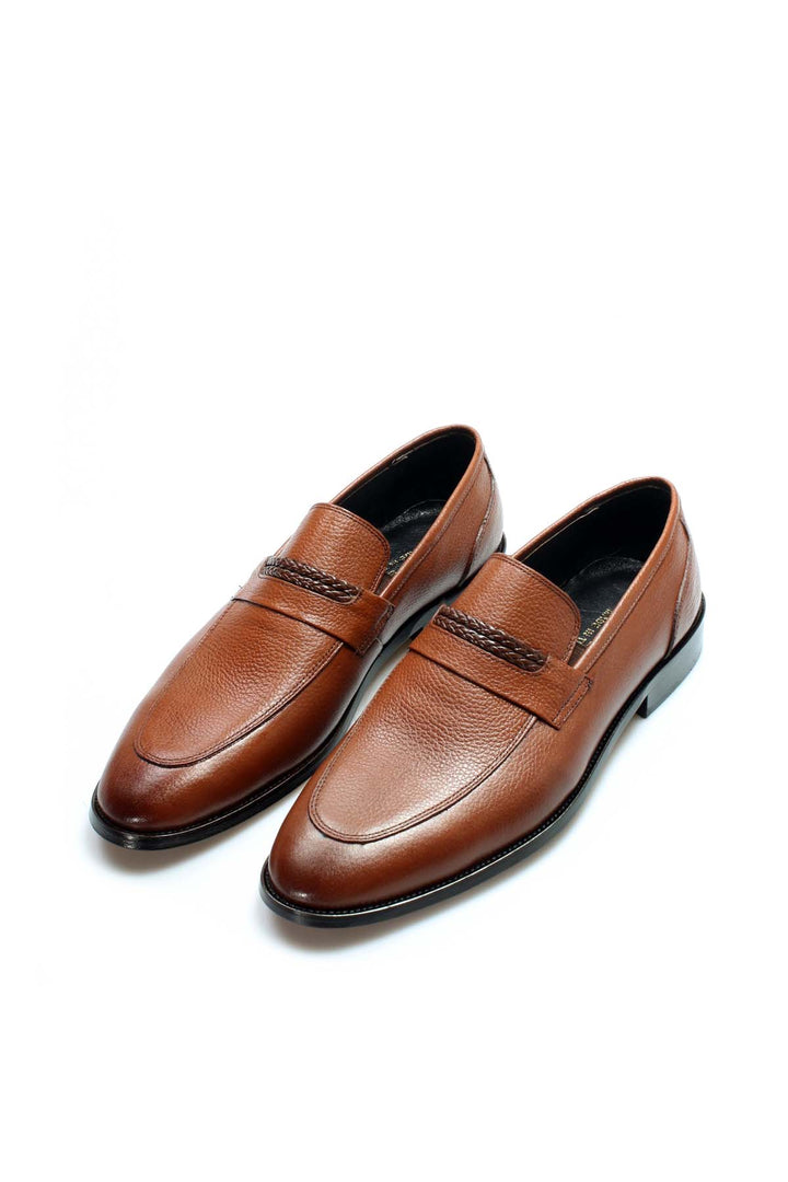 Brown Textured Leather Loafers-Wessi