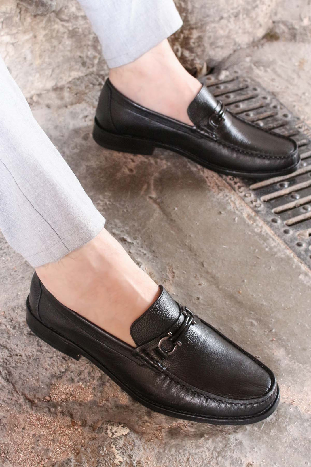 Men's Black Leather Buckle Loafers-Wessi