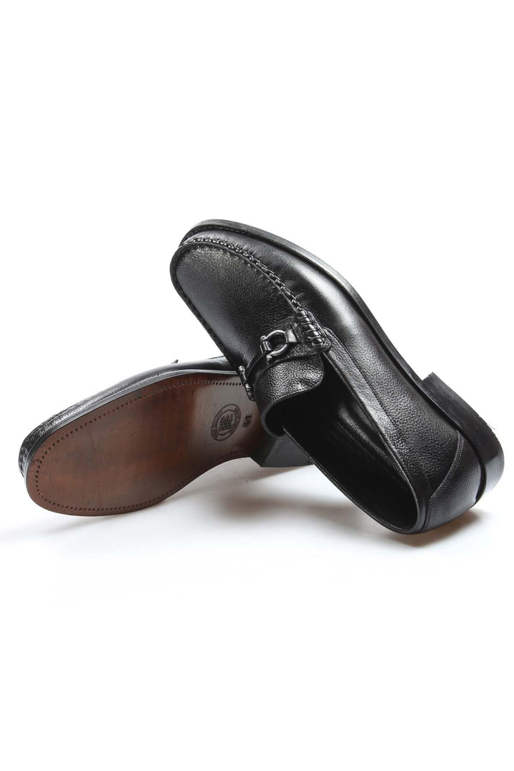 Men's Black Leather Buckle Loafers-Wessi