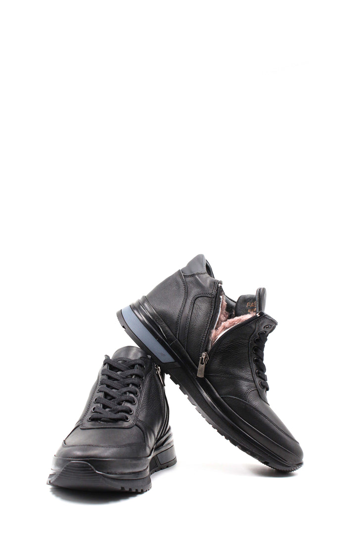 Men's Black Leather High-Top Sneakers with Zip Closure and Fur Lining - Wessi