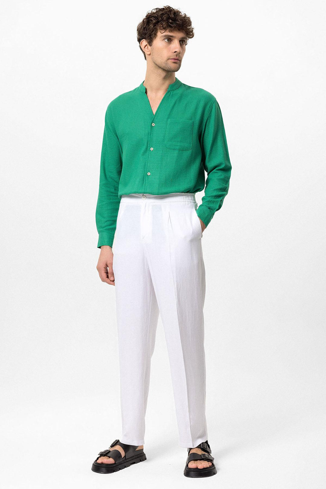 Men's Duck Green Judge Collar Knitted Textured  Shirt - Wessi