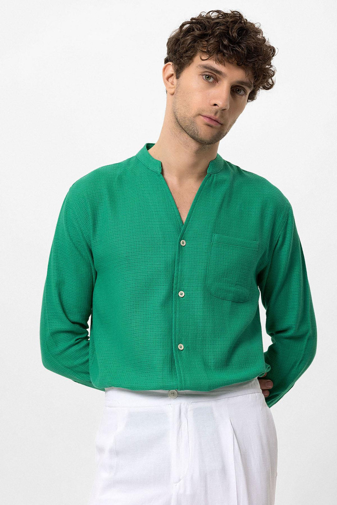 Men's Duck Green Judge Collar Knitted Textured  Shirt - Wessi