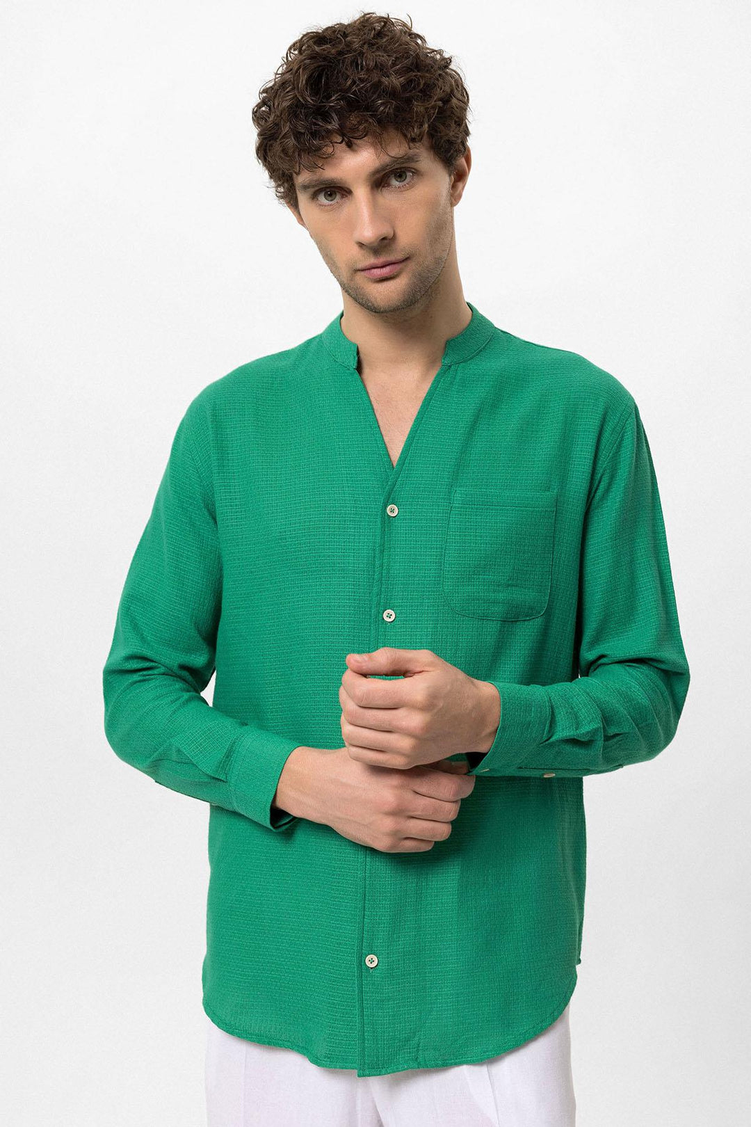 Men's Duck Green Judge Collar Knitted Textured  Shirt - Wessi