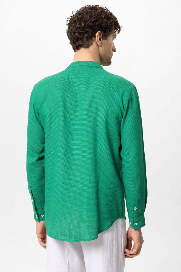 Men's Duck Green Judge Collar Knitted Textured  Shirt - Wessi