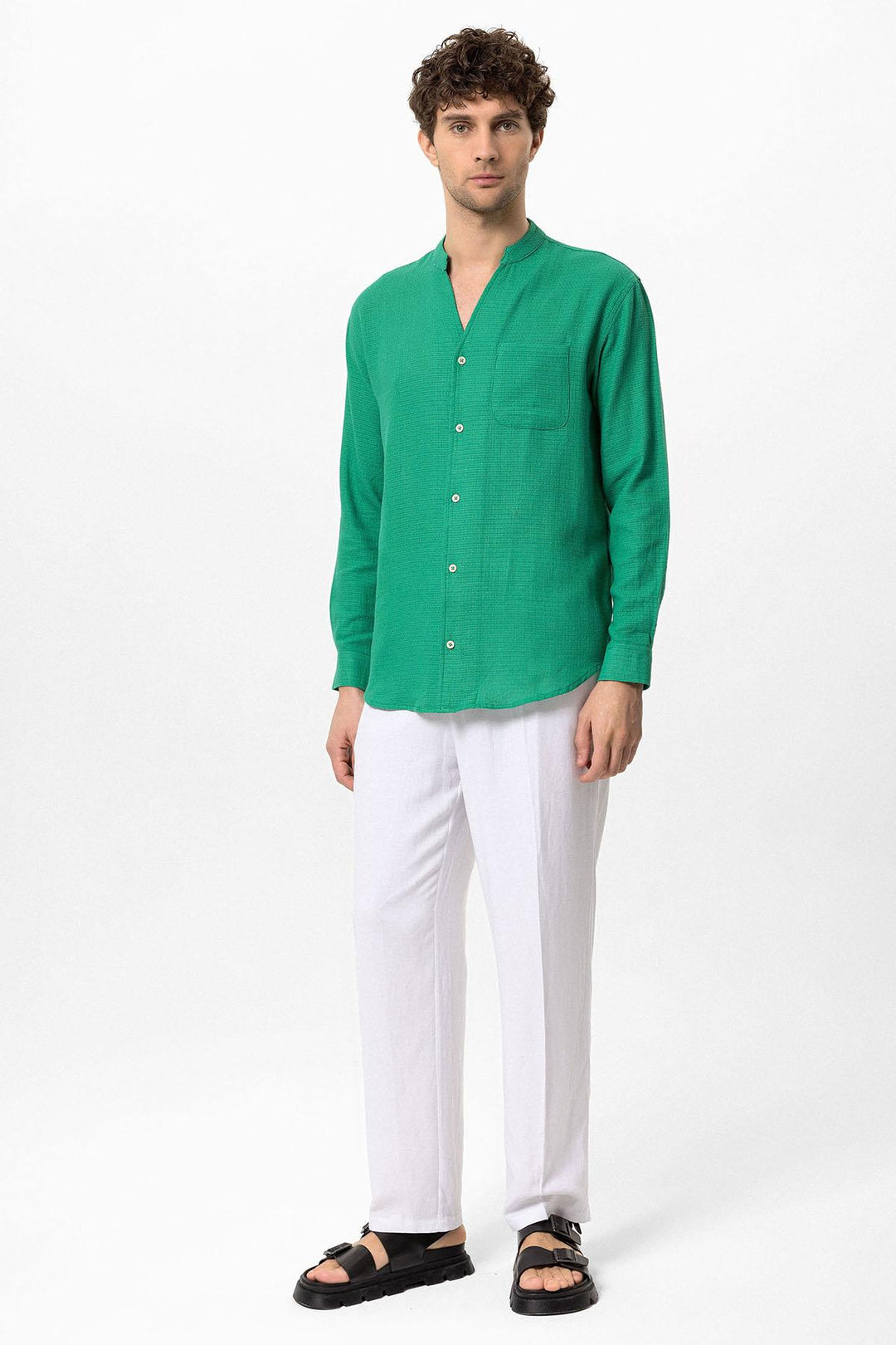 Men's Duck Green Judge Collar Knitted Textured  Shirt - Wessi