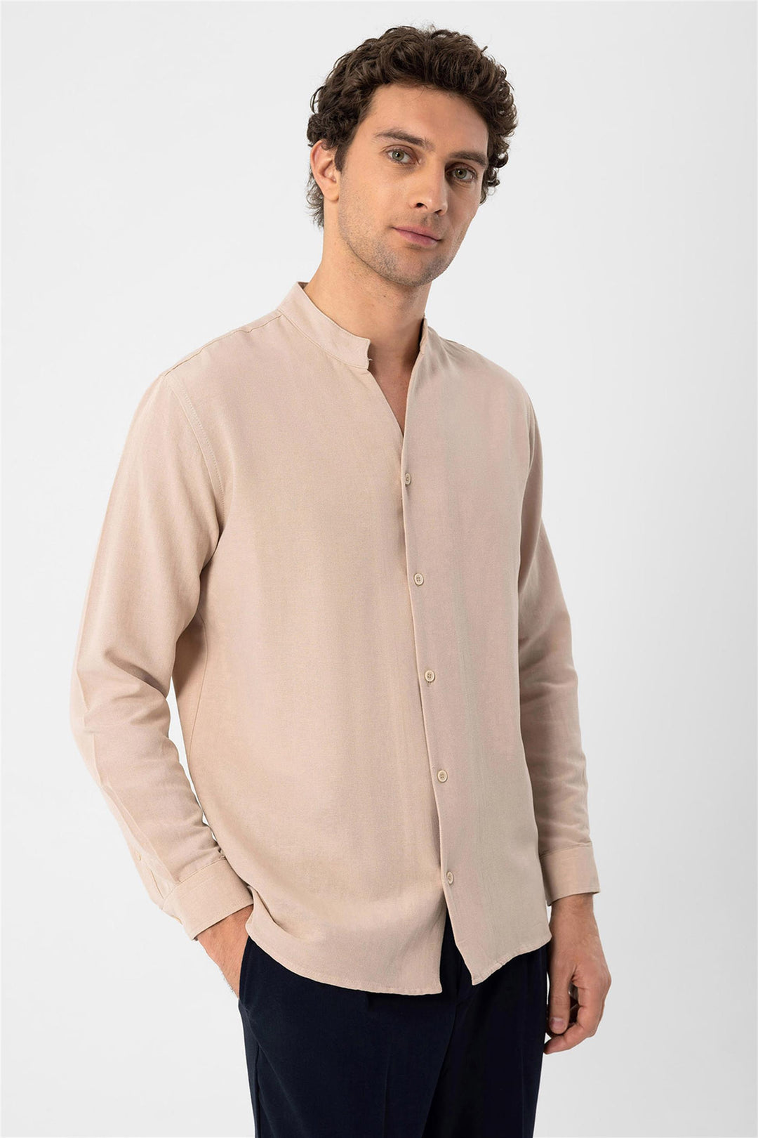 Men's Beige Judge Collar Long Sleeve  Shirt - Wessi