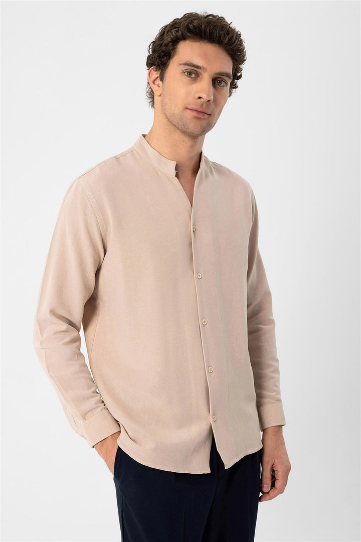 Men's Beige Judge Collar Long Sleeve  Shirt - Wessi