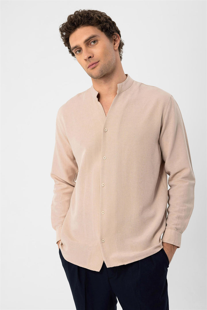 Men's Beige Judge Collar Long Sleeve  Shirt - Wessi