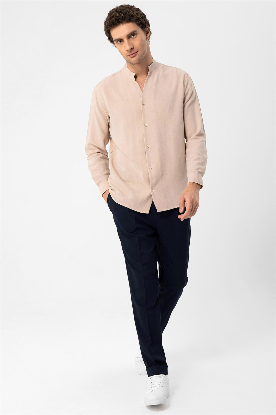 Men's Beige Judge Collar Long Sleeve  Shirt - Wessi