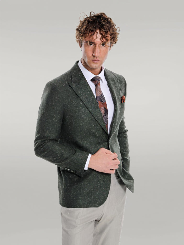 Houndstooth Pattern Wool Green Men Blazer - Wessi