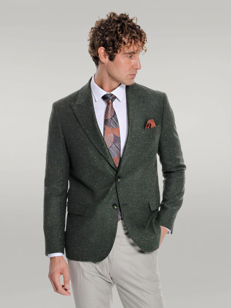 Houndstooth Pattern Wool Green Men Blazer - Wessi