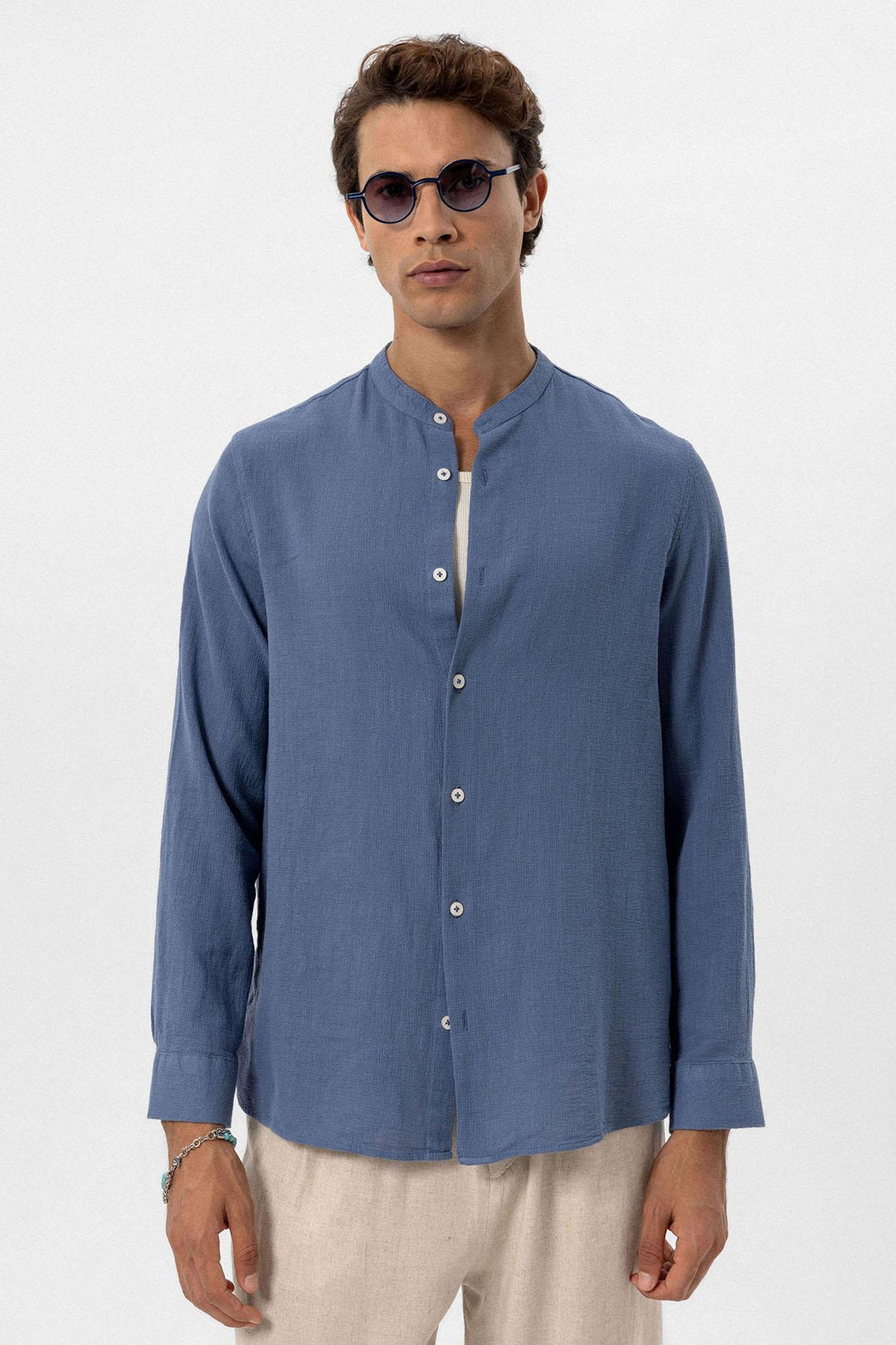 Men's Indigo Mandarin Collar Woven Shirt - Wessi