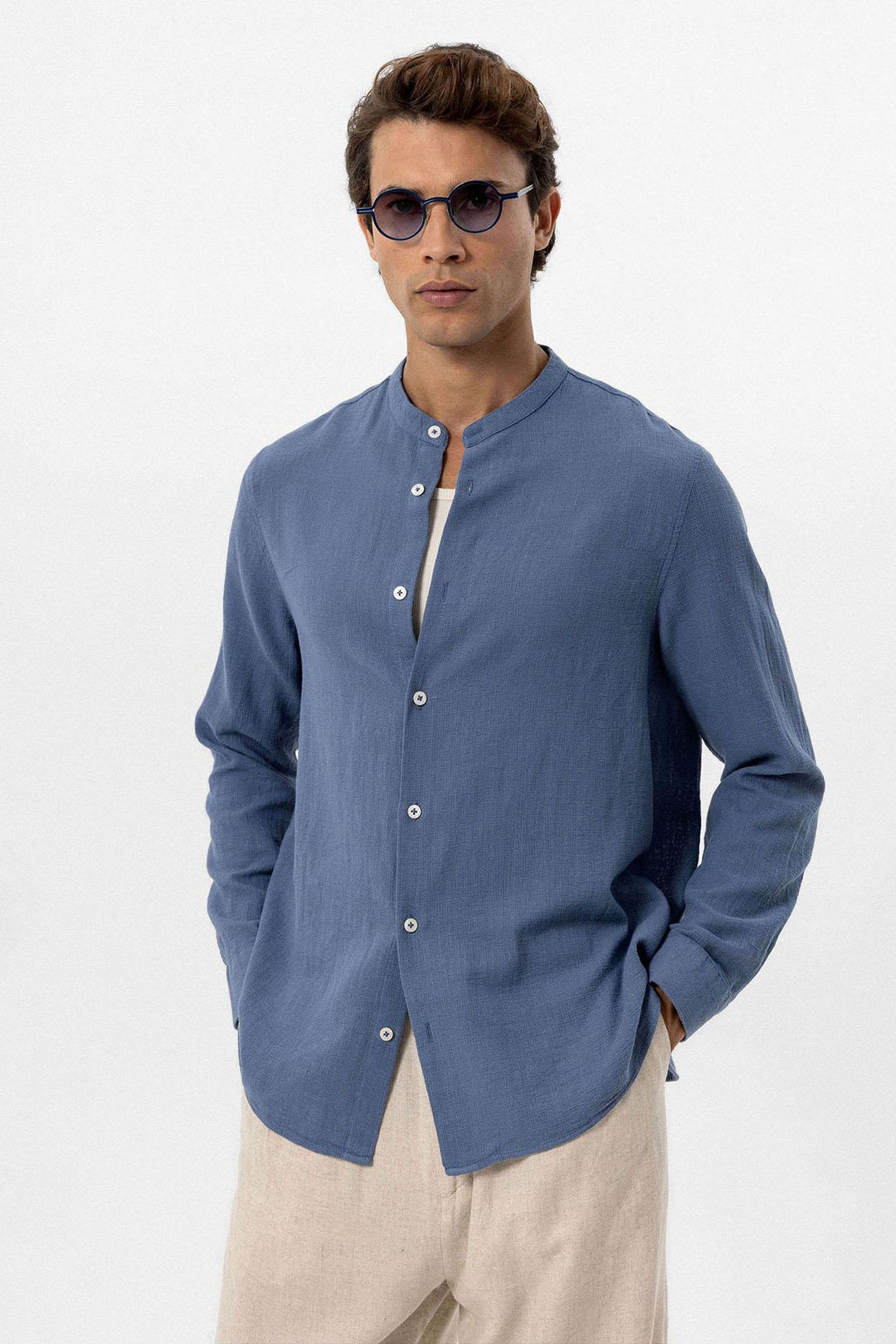 Men's Indigo Mandarin Collar Woven Shirt - Wessi