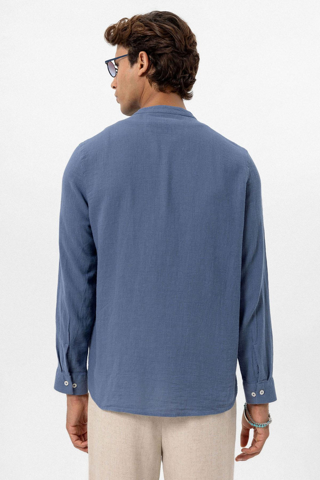 Camisa tejida con cuello mandarín índigo para hombre - Wessi