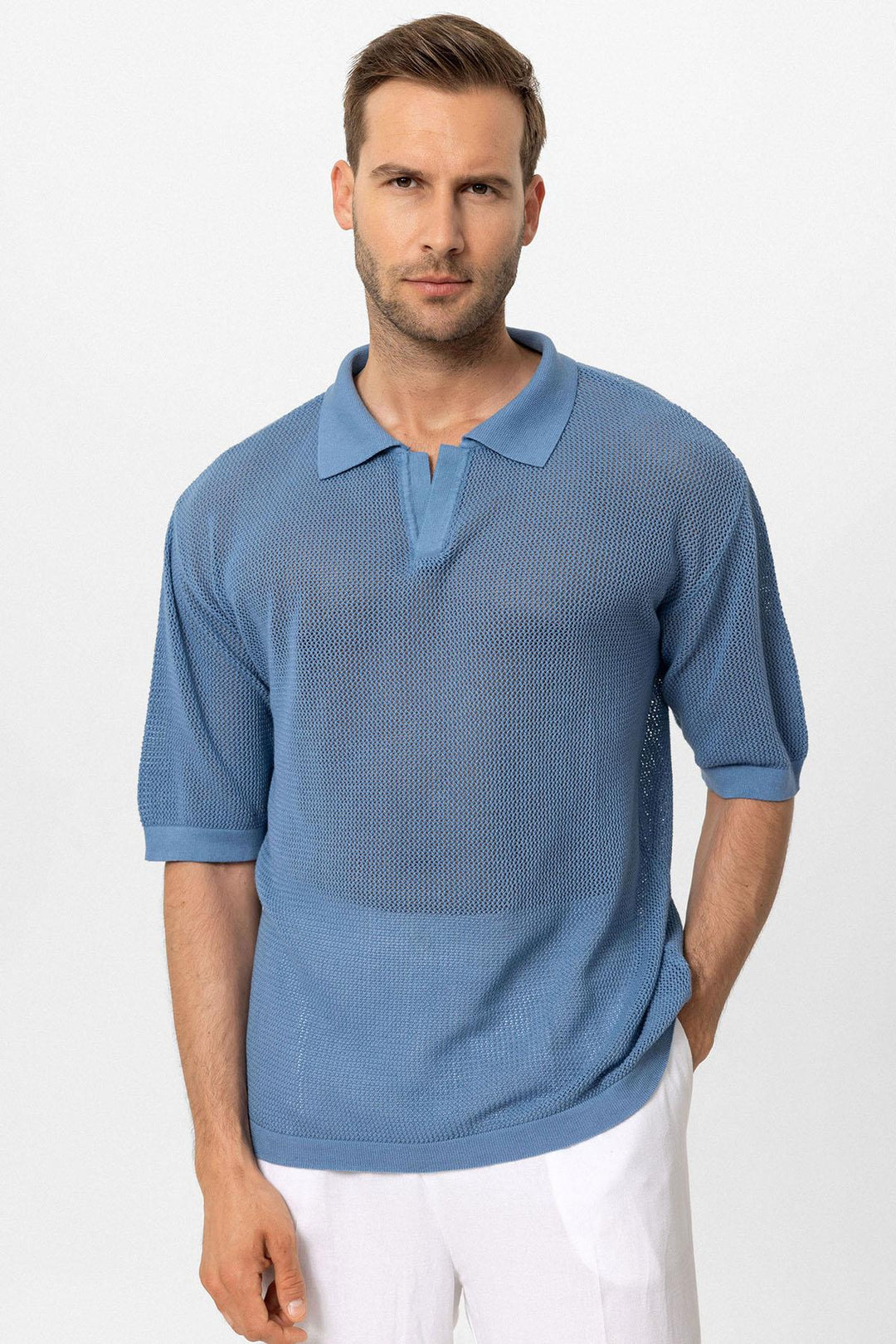 Camiseta de punto con cuello polo índigo para hombre - Wessi