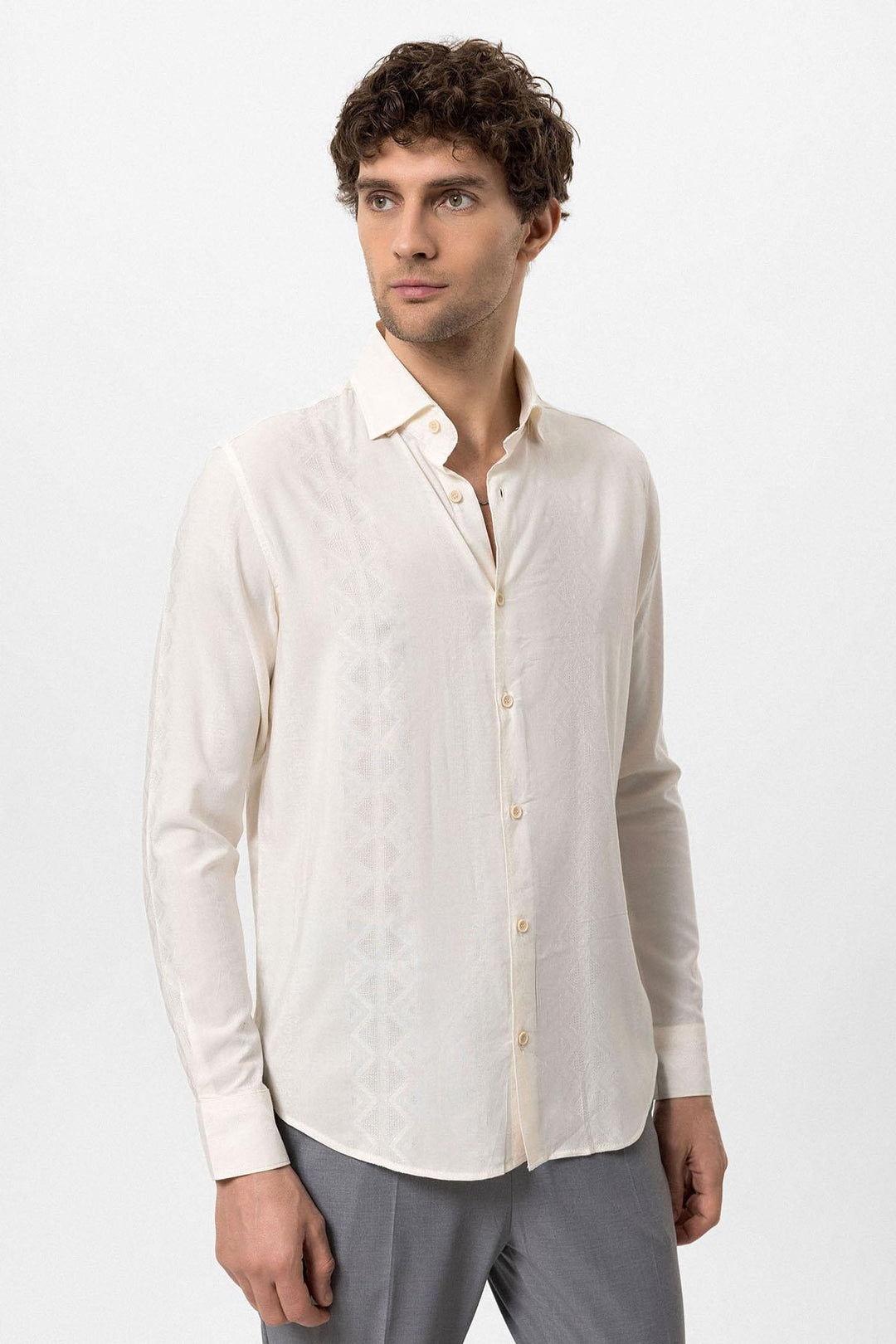 Men's Ecru Embroidered  Shirt - Wessi