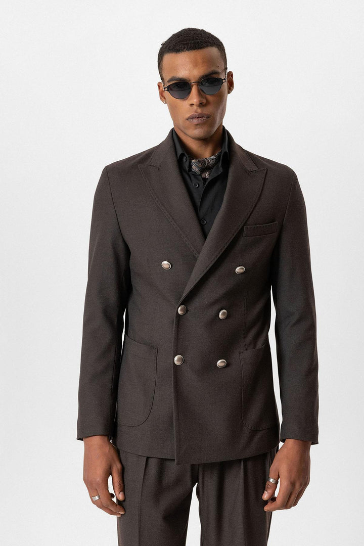 Brown Unlined Double-Breasted Men's Blazer Jacket - Wessi