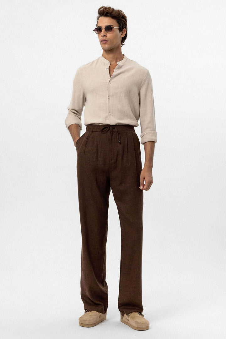 Men's Brown Belted Linen Blend Pants - Wessi