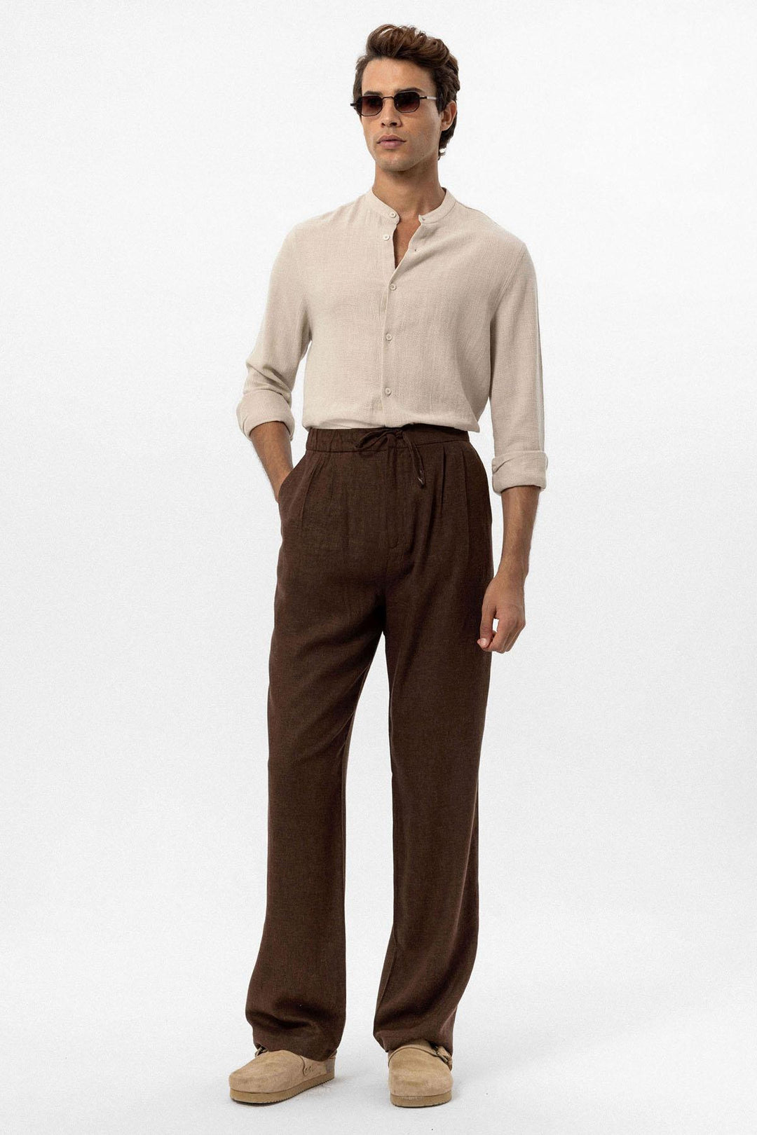 Men's Brown Belted Linen Blend Pants - Wessi