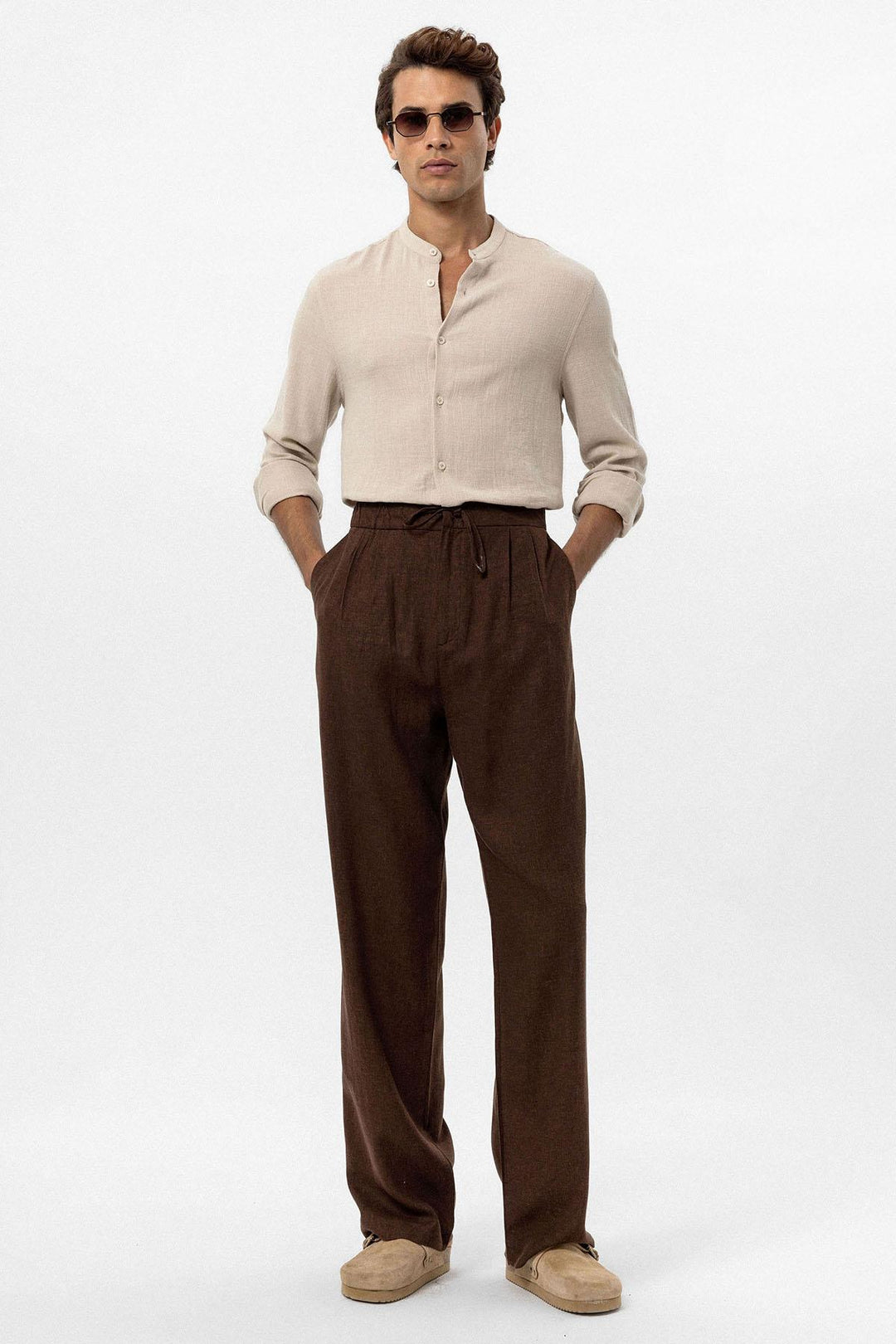 Men's Brown Belted Linen Blend Pants - Wessi