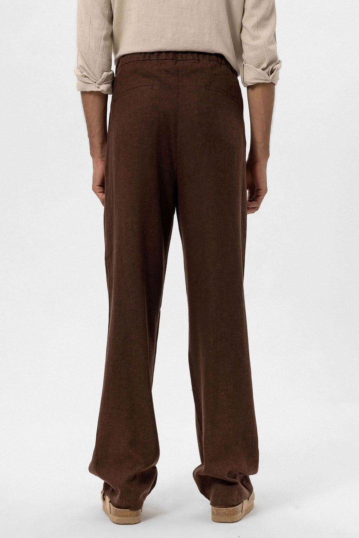 Men's Brown Belted Linen Blend Pants - Wessi