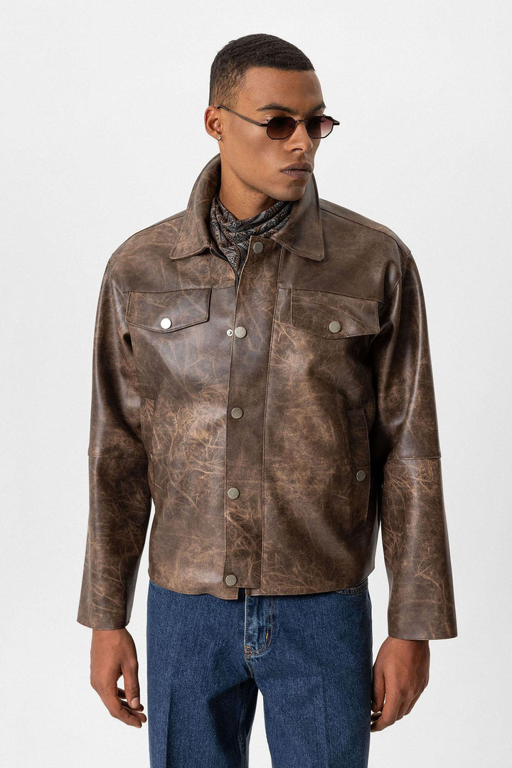 Brown Crop Fit Faux Leather Men's Jacket - Wessi