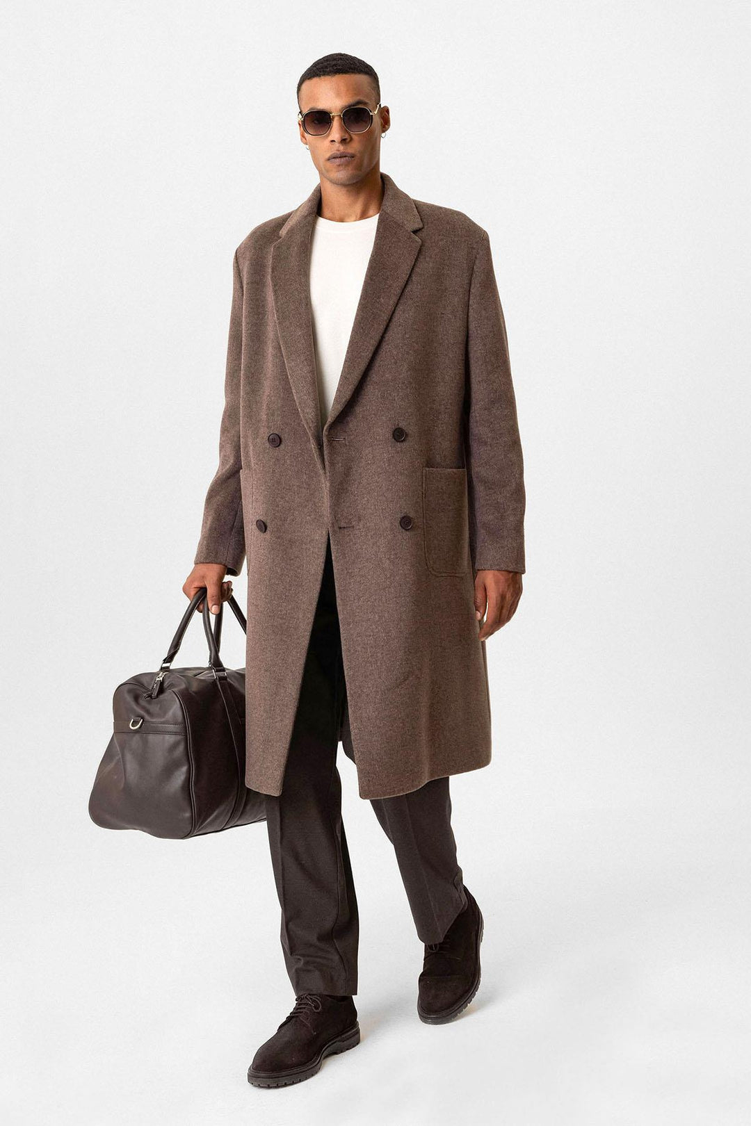 Brown Textured Double-Breasted Men's Coat - Wessi