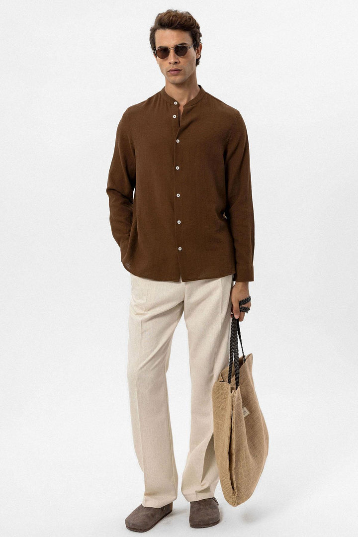 Men's Brown Mandarin Collar Woven Shirt - Wessi