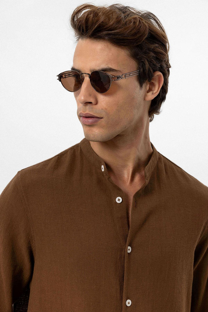 Men's Brown Mandarin Collar Woven Shirt - Wessi