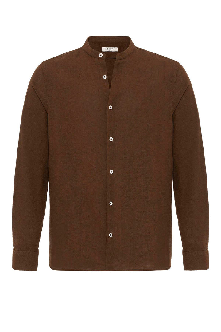 Men's Brown Mandarin Collar Woven Shirt - Wessi